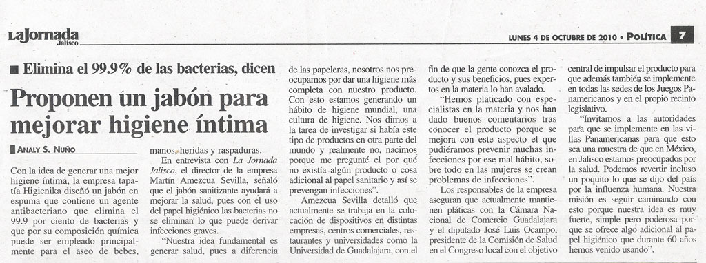 Proponen jabon para mejorar la higiene intima nota de prensa de Higienika para periódico La Jornada