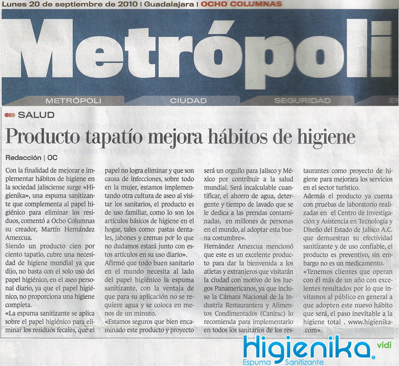 Producto tapatío mejora hábitos de higiene, nota de prensa de Higienika para periódico Metrópoli
